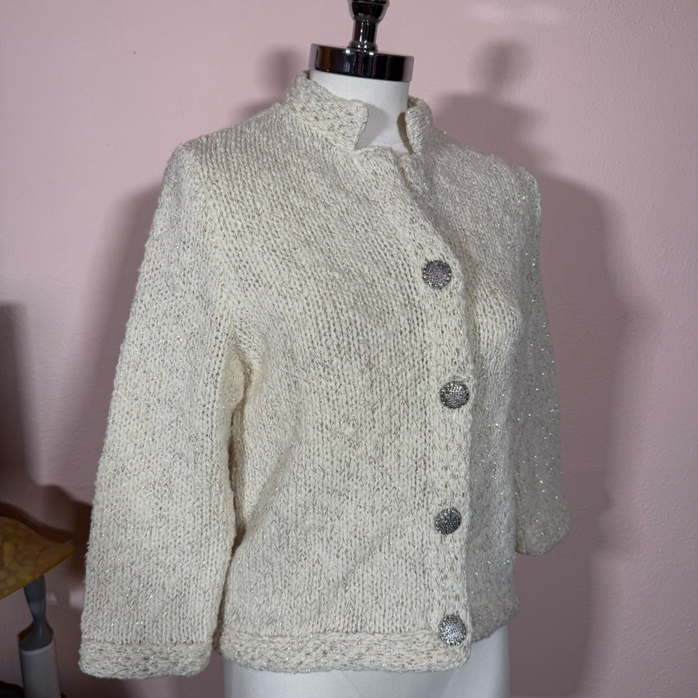 Vintage 1940 50 Retro Deco Cream wool Silver Metallic Cardigan sweater Jacket - Picture 11 of 17